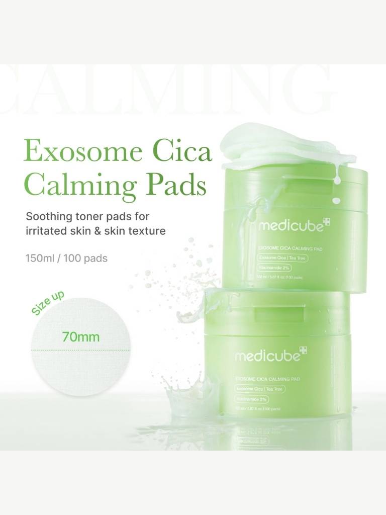 Medicube Exosome Cica Calming Pads packaging with green containers on a white background