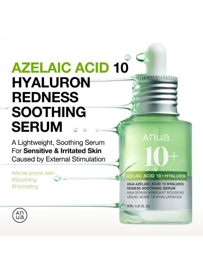 Anua Azelaic Acid 10+ Hyaluron Redness Soothing Serum bottle with text on a white background