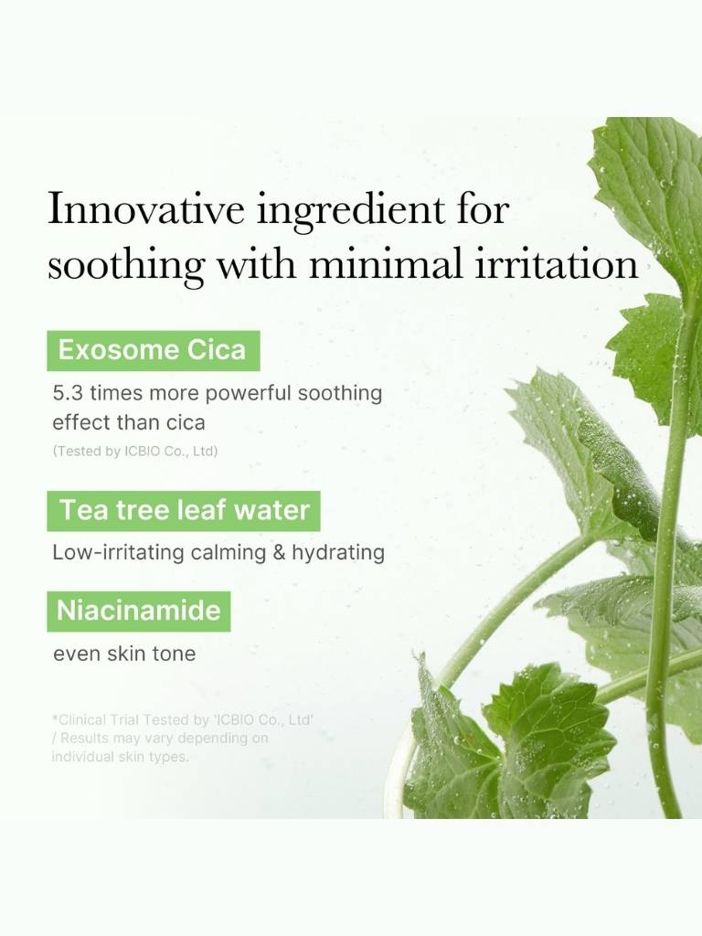 Advertisement for a skincare product with green leaves and text about ingredients.
