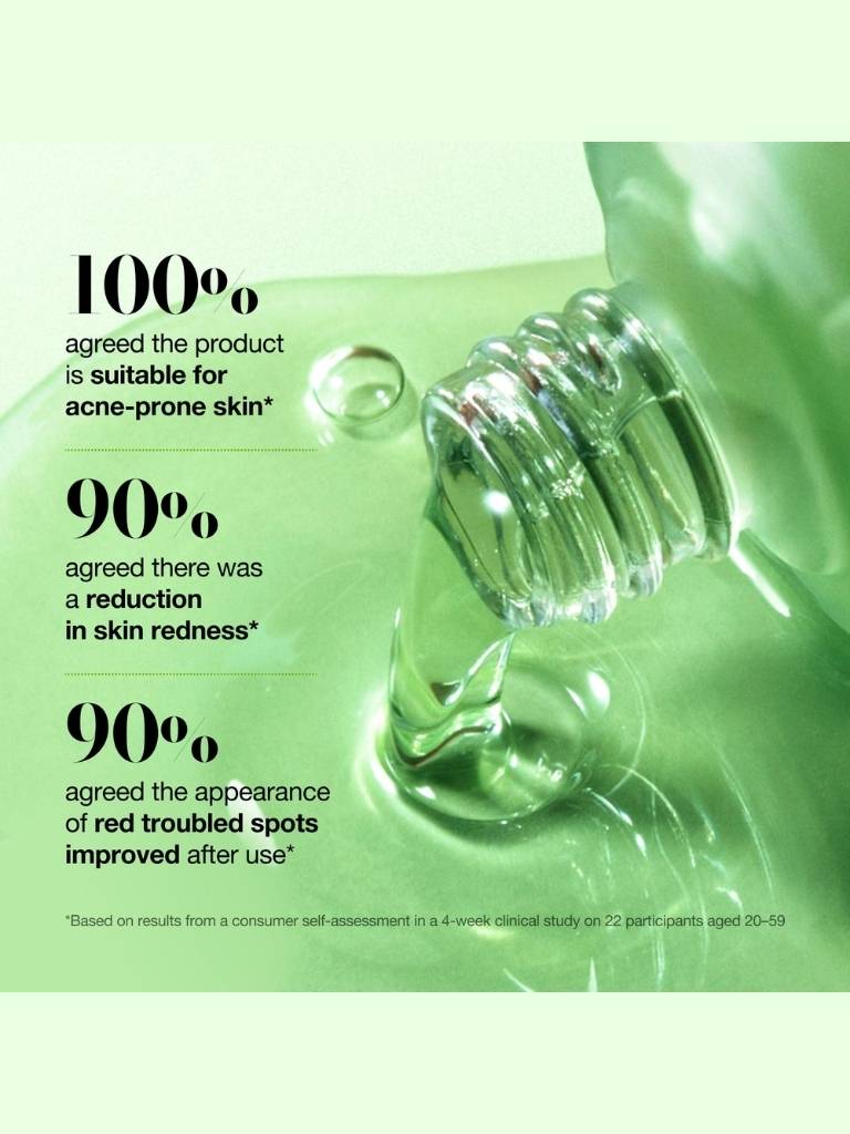Bottle of clear liquid with droplets on a green background, featuring text about product effectiveness.