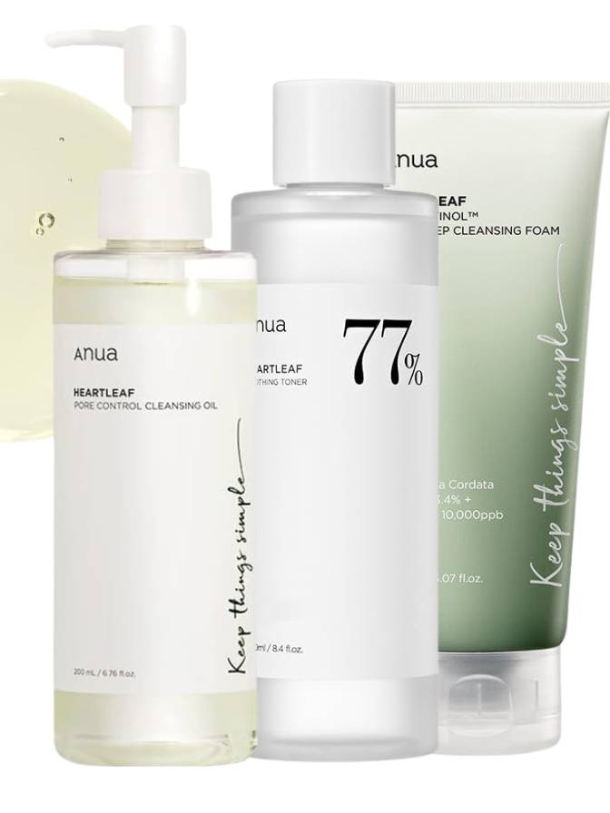 Anua Cleansing Oil, Foam & 77% Soothing Toner Set of skincare products from the brand 'Anua' on a white background