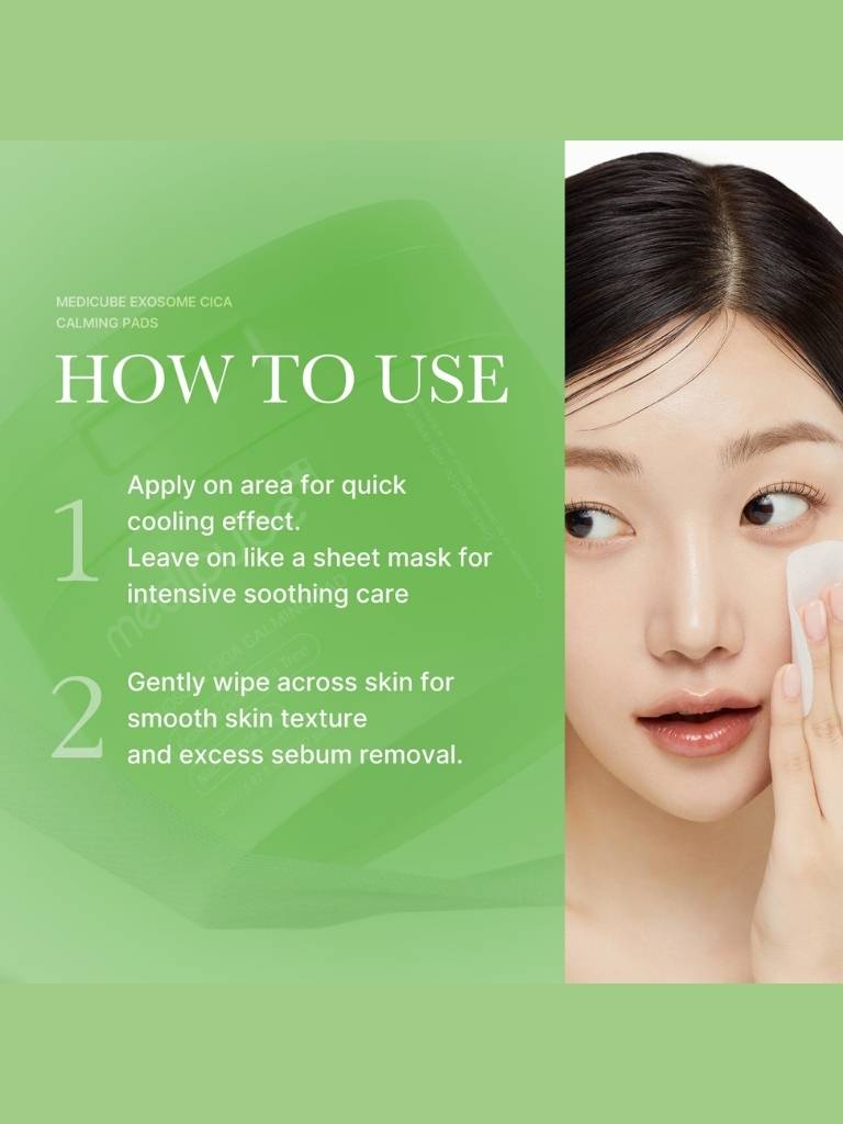 Instructions on how to use a skincare product with a green background and a woman applying it.