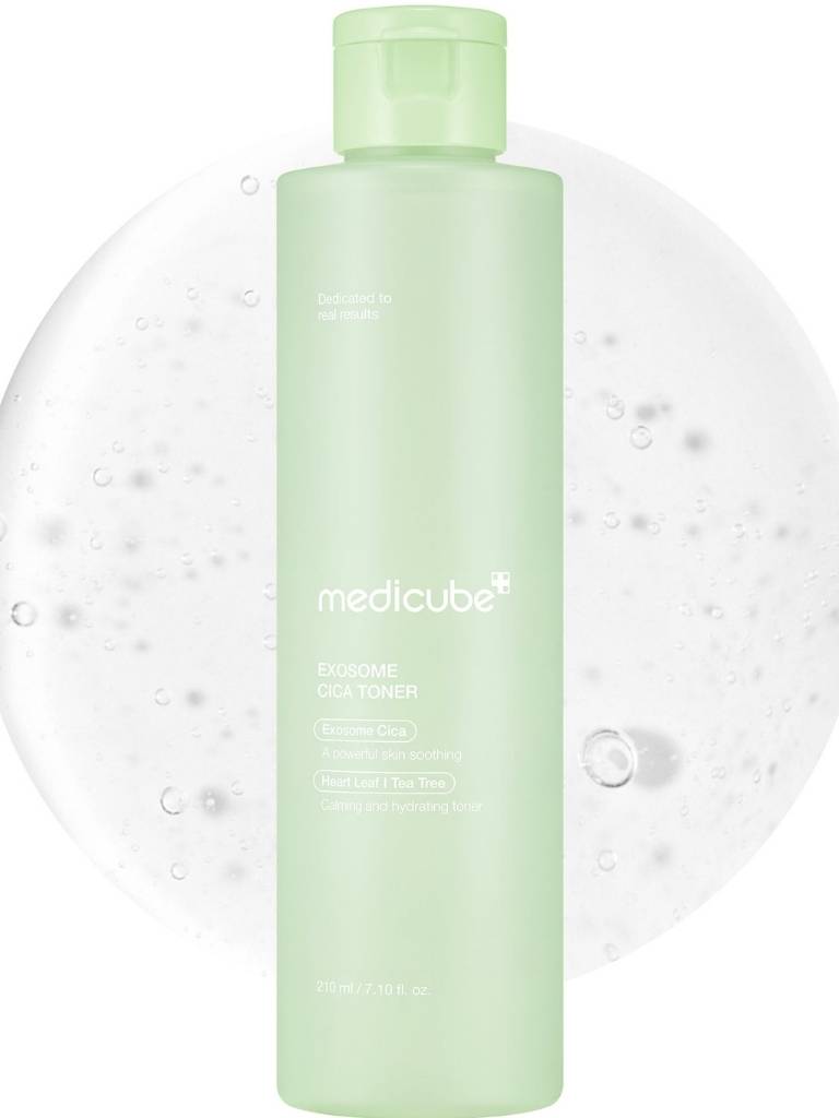 Green bottle of Medicube toner with a clear background
