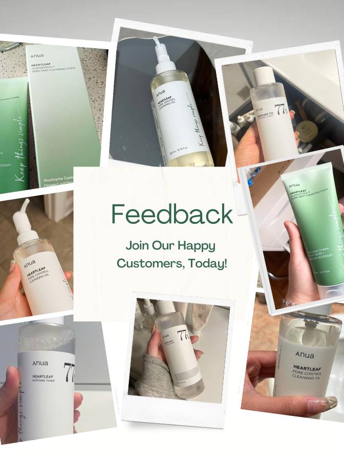 Collage of skincare products with 'Feedback' and 'Join Our Happy Customers, Today!' text.