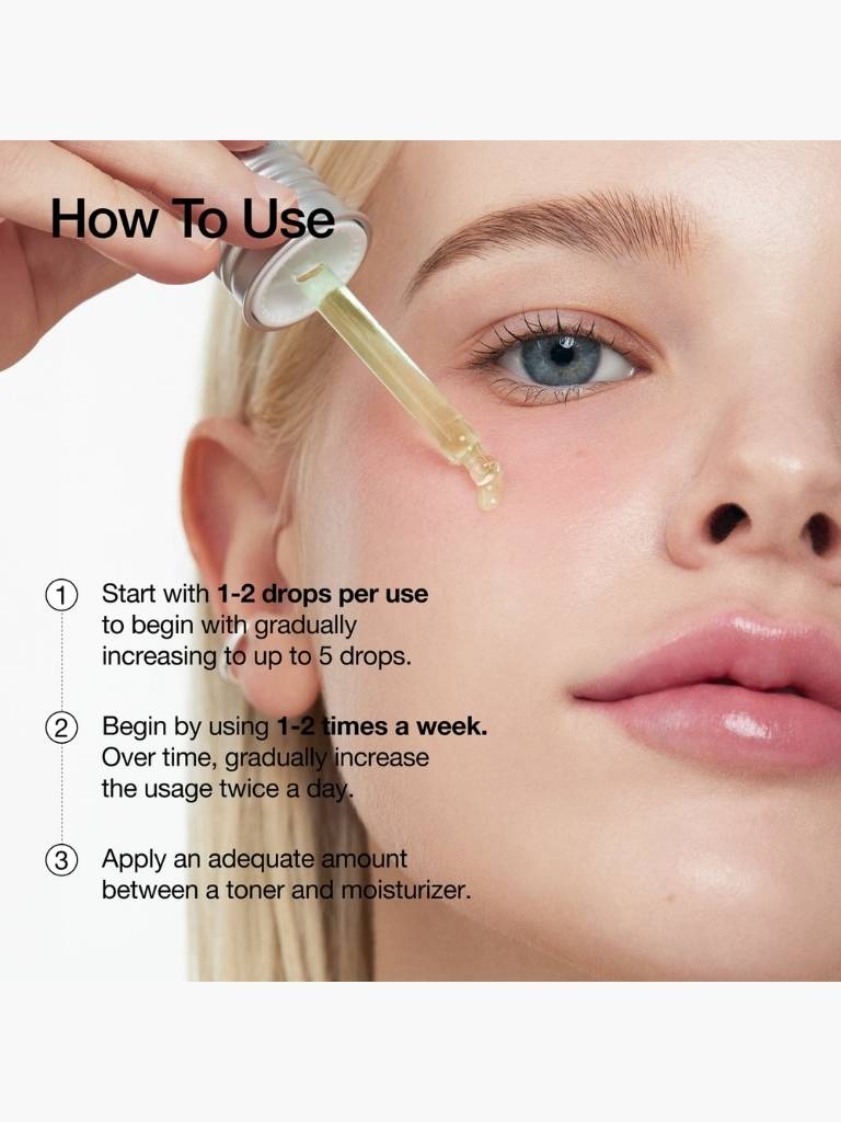 Instructions on how to use a dropper with text overlay on a close-up of a person's face.