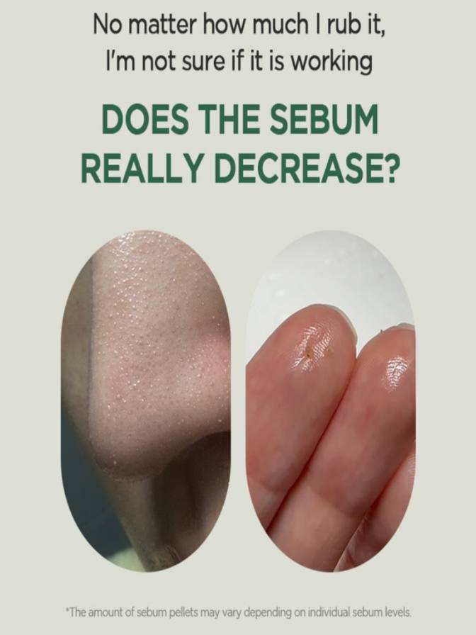 Comparison of sebum levels on skin with and without a product, accompanied by text questioning the effectiveness of the product.
