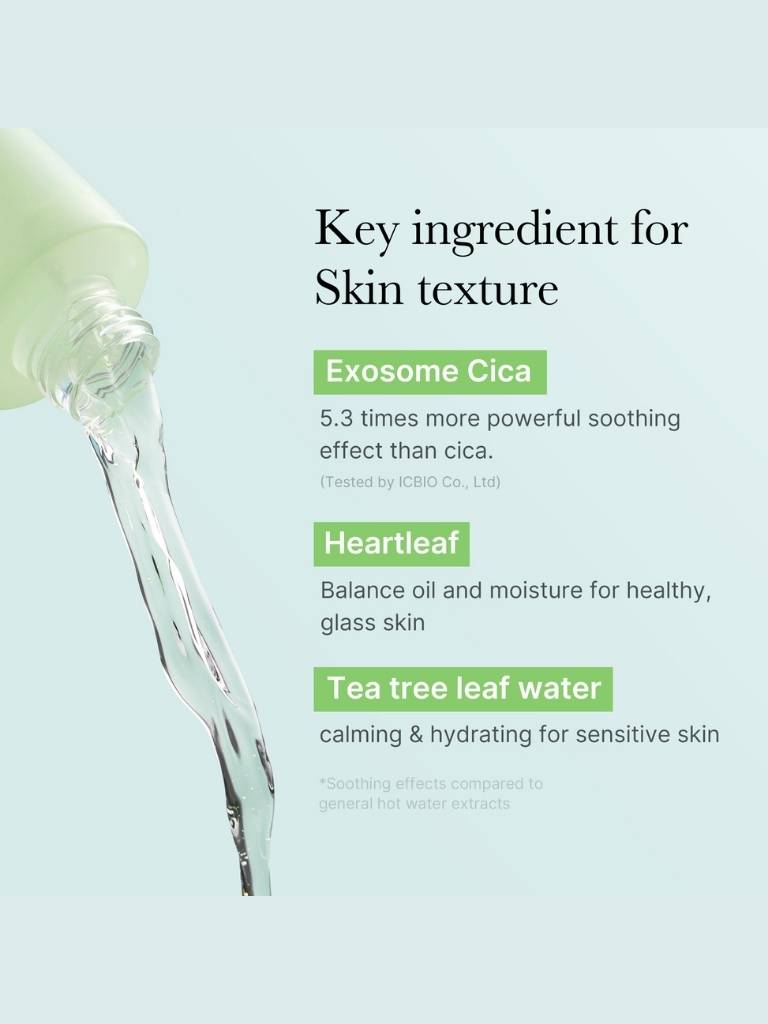 Product being poured with text about key ingredients for skin texture on a light blue background