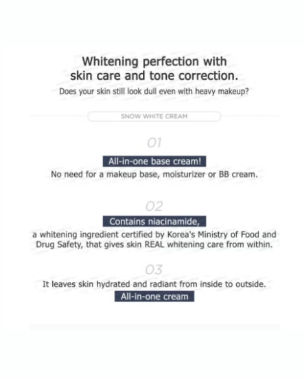 Promotional text for a skincare product with claims of whitening perfection and hydrating effects.