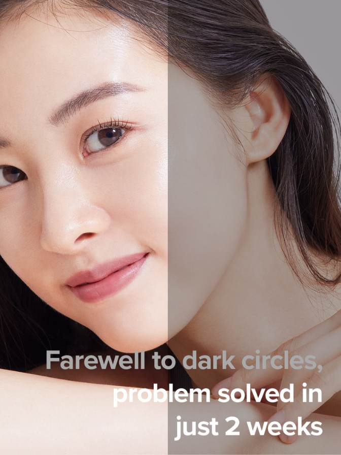 Woman's face with text 'Farewell to dark circles, problem solved in just 2 weeks' on a gray background