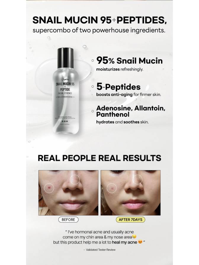 Skincare product with snail mucin and peptides, showing before and after results on skin.
