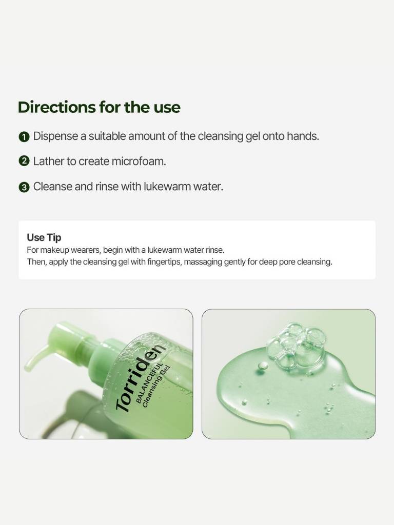 Instructions for using a cleansing gel with a bottle and foam image on a white background