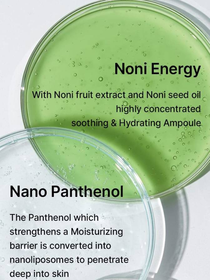 Green ampoule with text about Noni Energy and Nano Panthenol on a white background