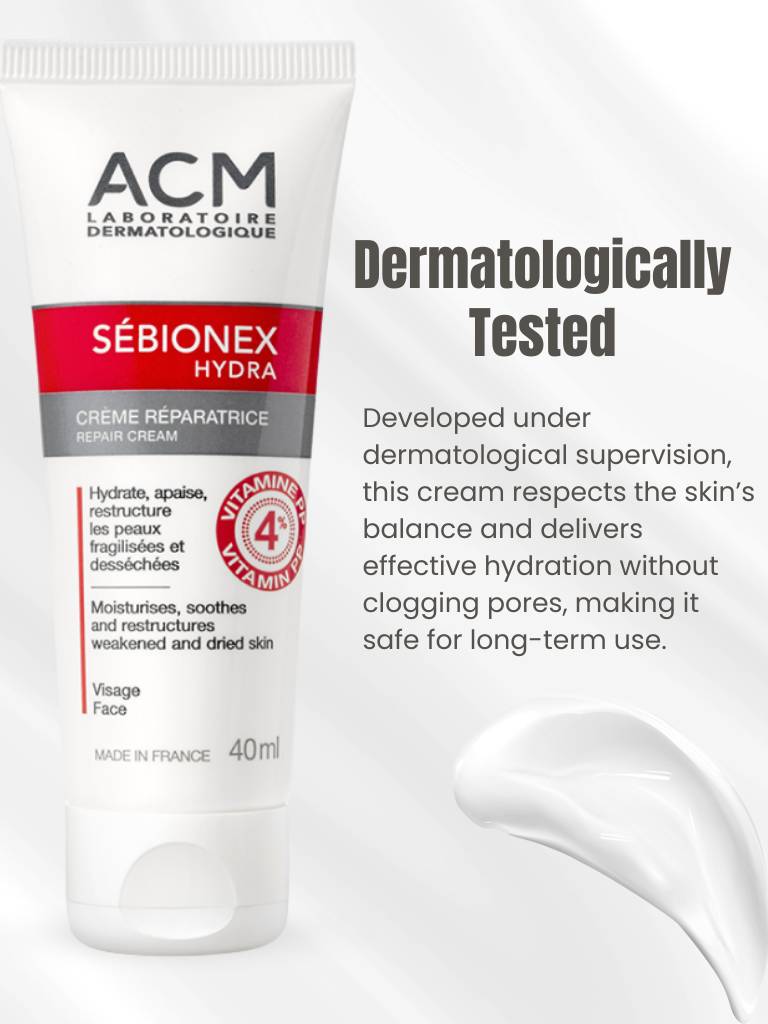 Sebionex Hydra cream tube with text about dermatological testing on a white background