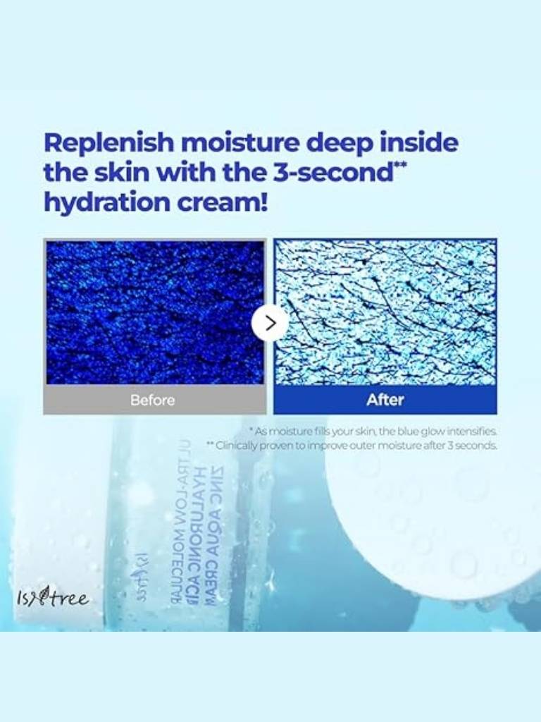 Advertisement for a hydration cream showing 'Before' and 'After' effects on skin texture.