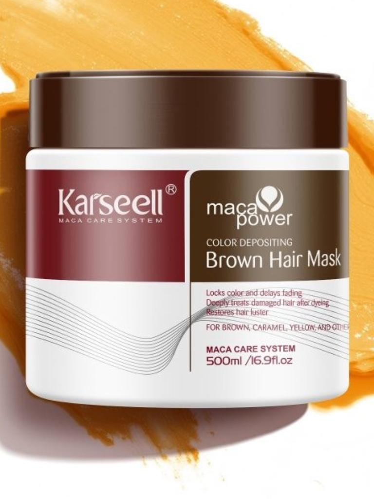 Karseell maca power brown hair mask jar on a colorful background