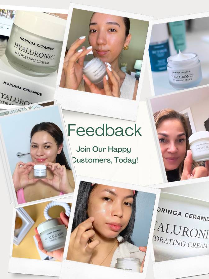 Collage of people using Moringa Ceramide Hyaluronic Cream with promotional text for feedback.