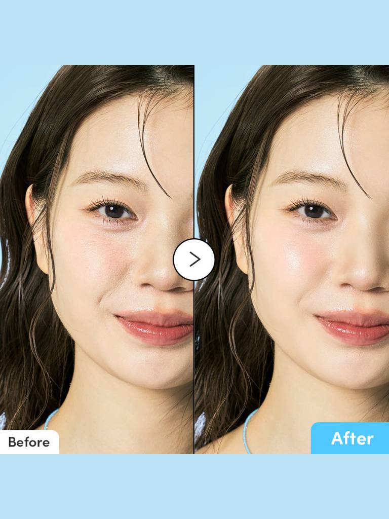Before and after comparison of a woman's face with a blue background