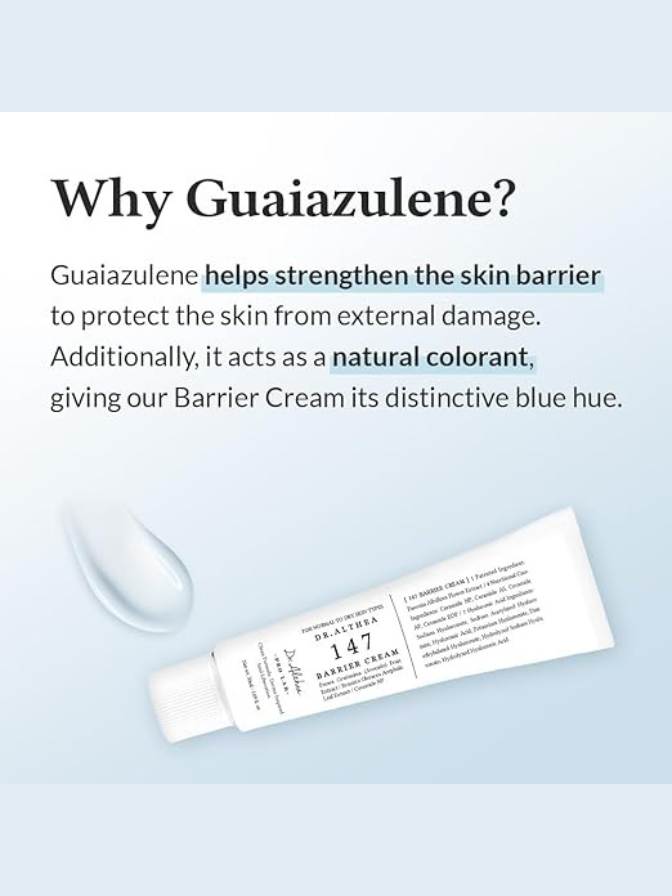 Barrier cream tube with text explaining Guaiazulene's benefits on a light blue background