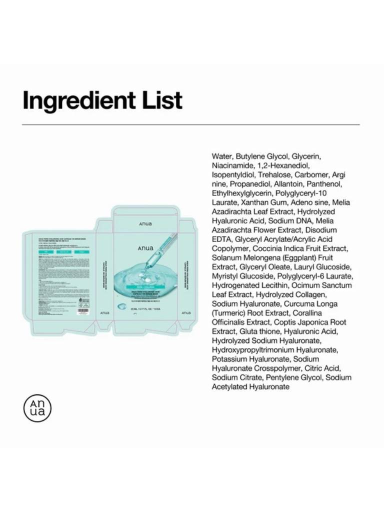 Ingredient list of anua skincare product face mask with packaging on a white background