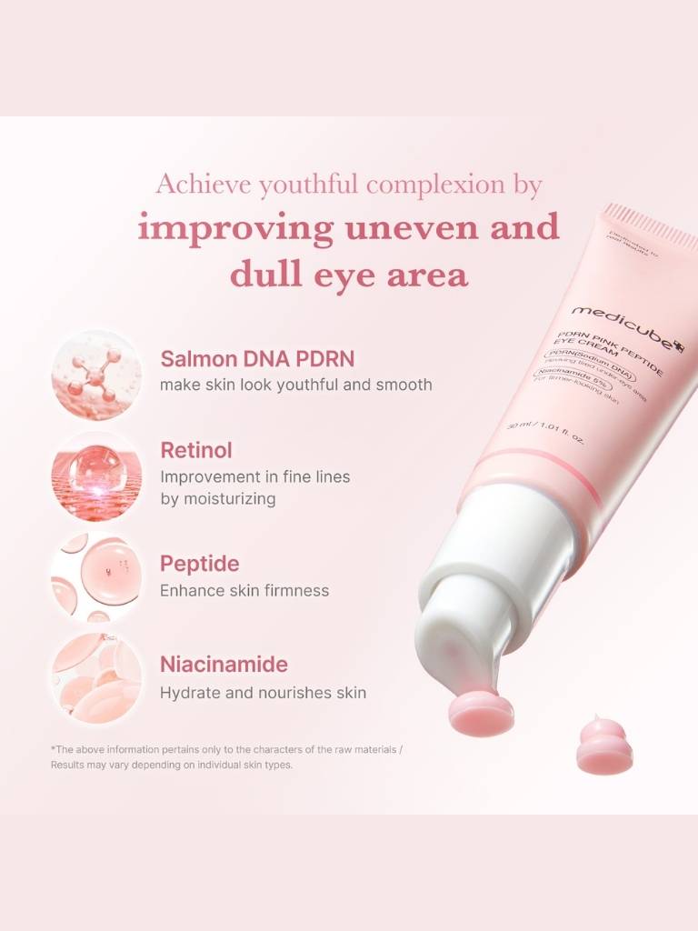 Pink eye cream tube with text on a pink background