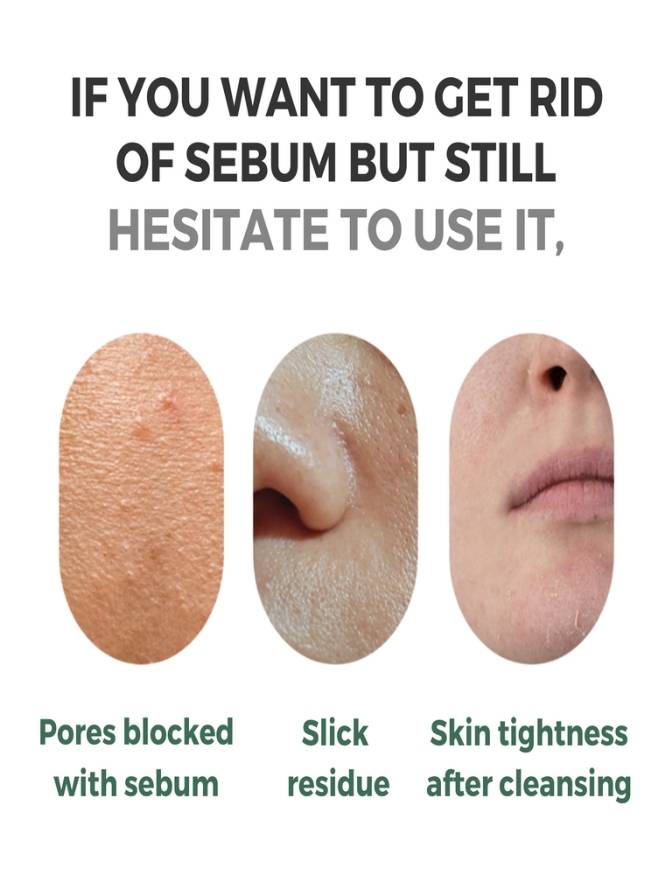 Illustration showing pores blocked with sebum, slick residue, and skin tightness after cleansing.