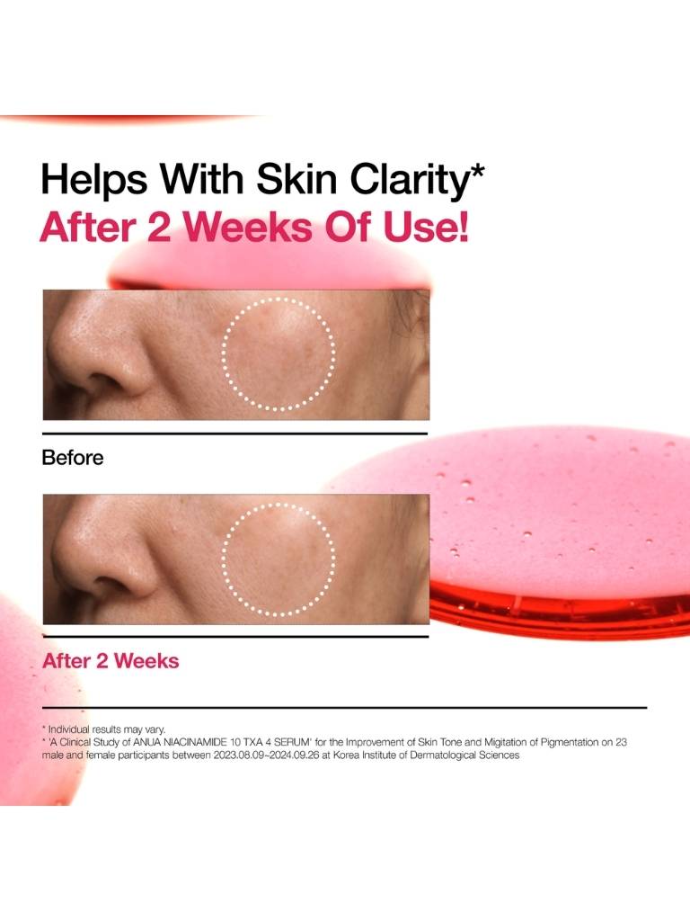Before and after skin clarity improvement with a product application shown.