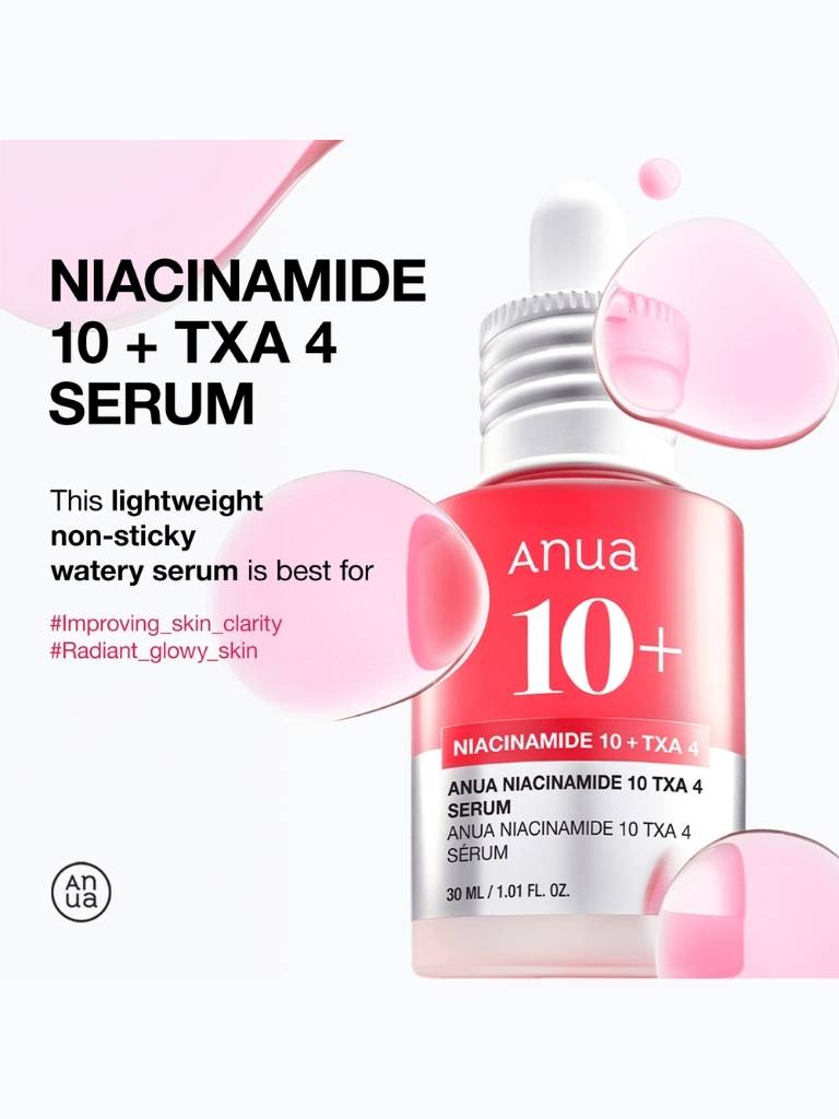 Anua Niacinamide 10 + TXA 4 Serum bottle with pink dropper on a white background