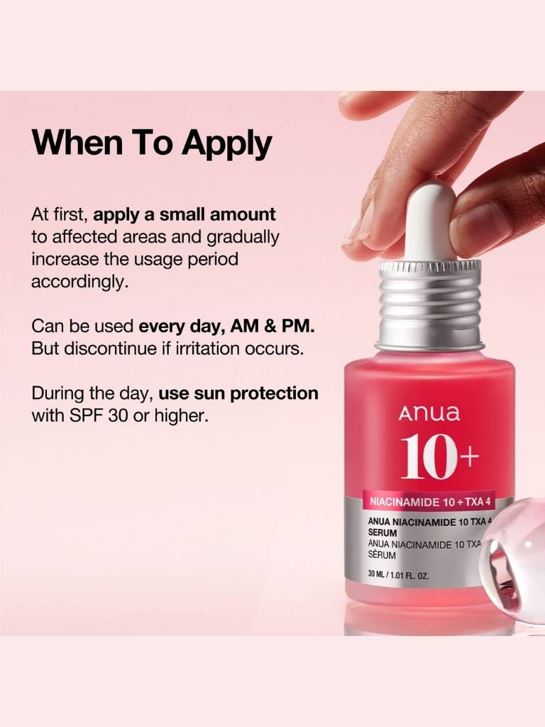 Anua 10+ skincare serum bottle with application instructions on a pink background