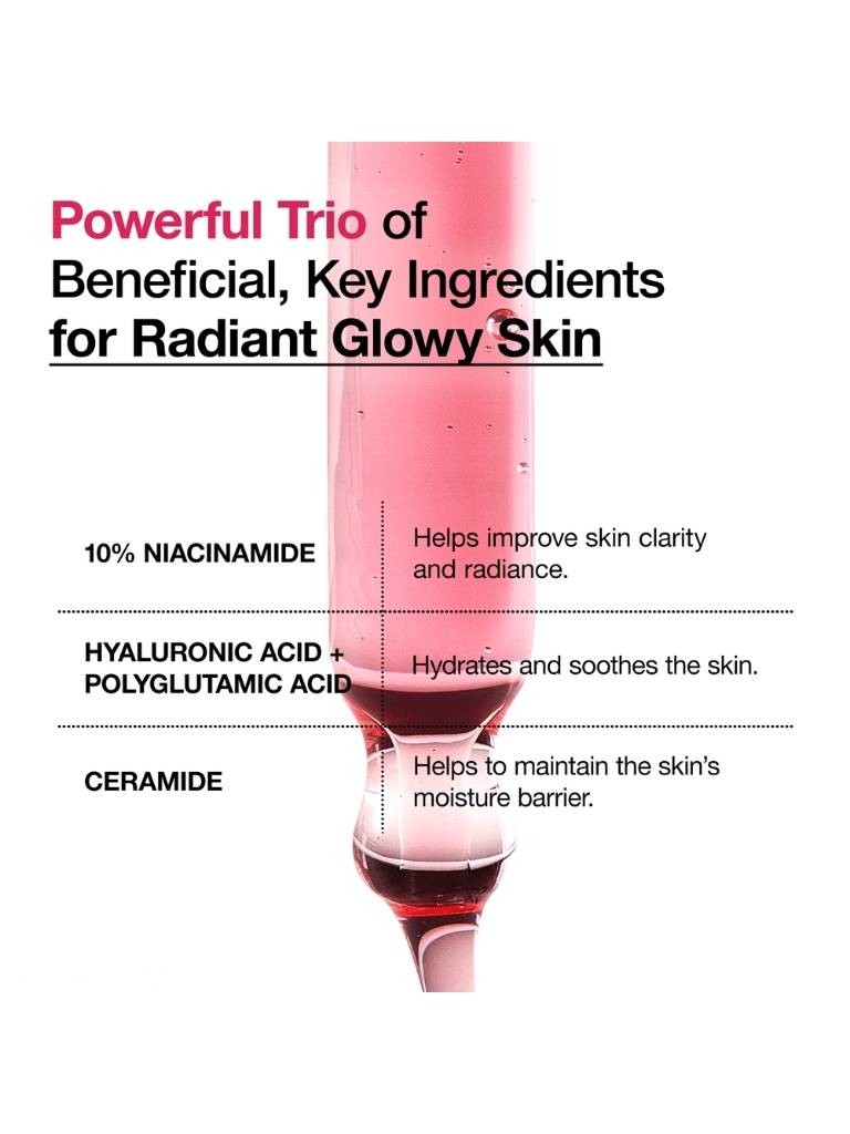 Skincare product with text detailing beneficial ingredients for radiant skin on a white background