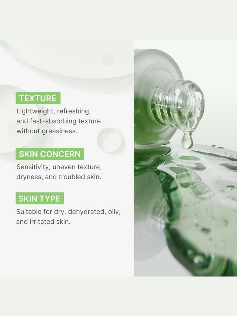 Product packaging with text describing texture, skin concerns, and skin types.
