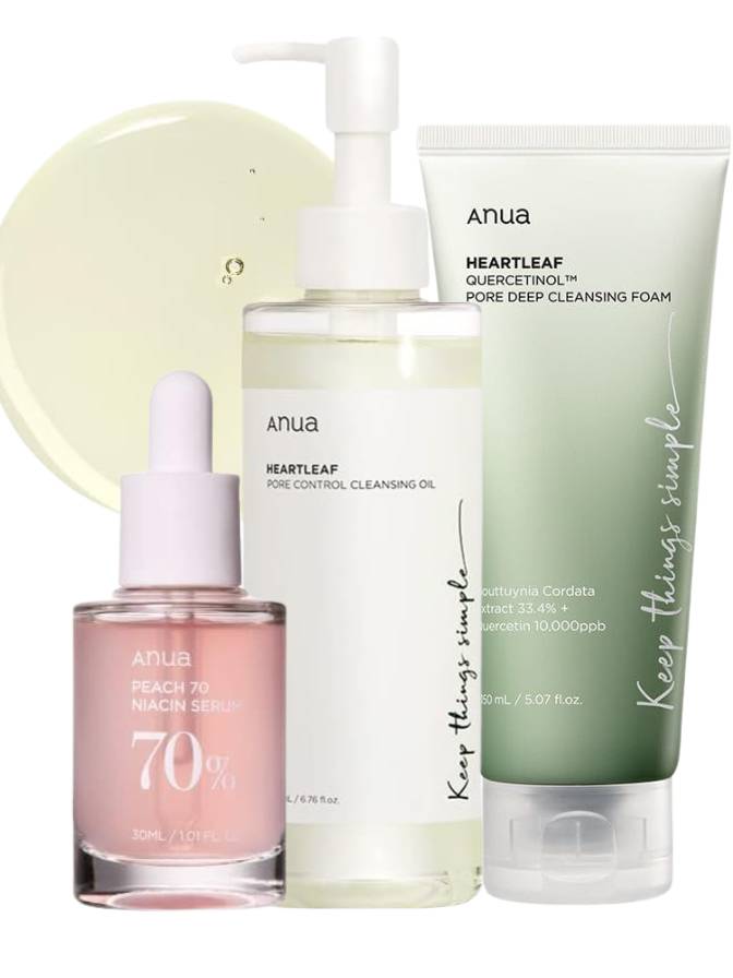 Cleansing Oil, Foam & Niacinamide Serum Set of skincare products including a serum, oil, and foam with 'Anua' branding on a white background.