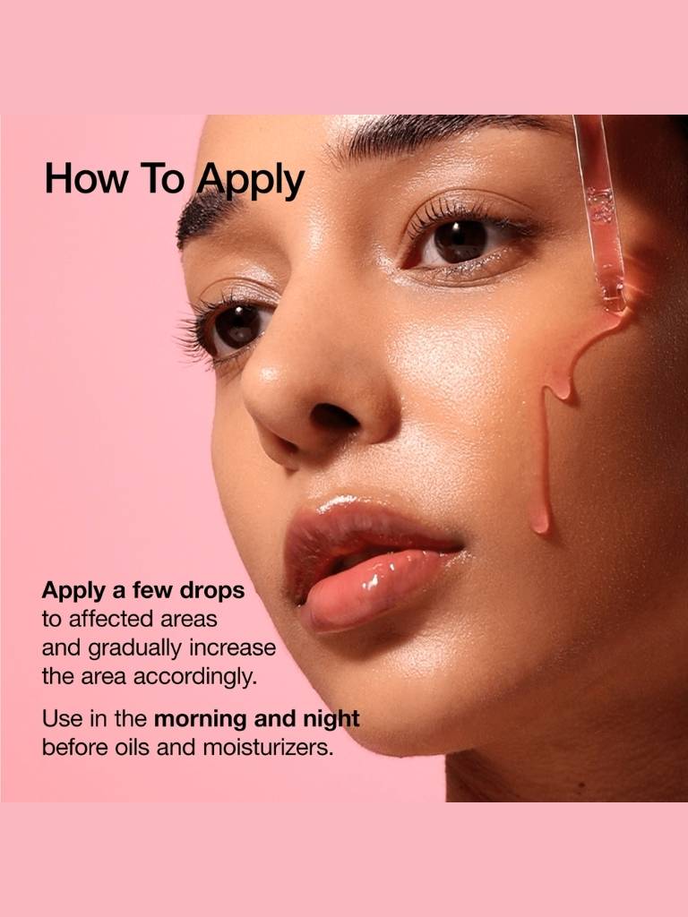 Close-up of a woman's face with text on how to apply a product, against a pink background.
