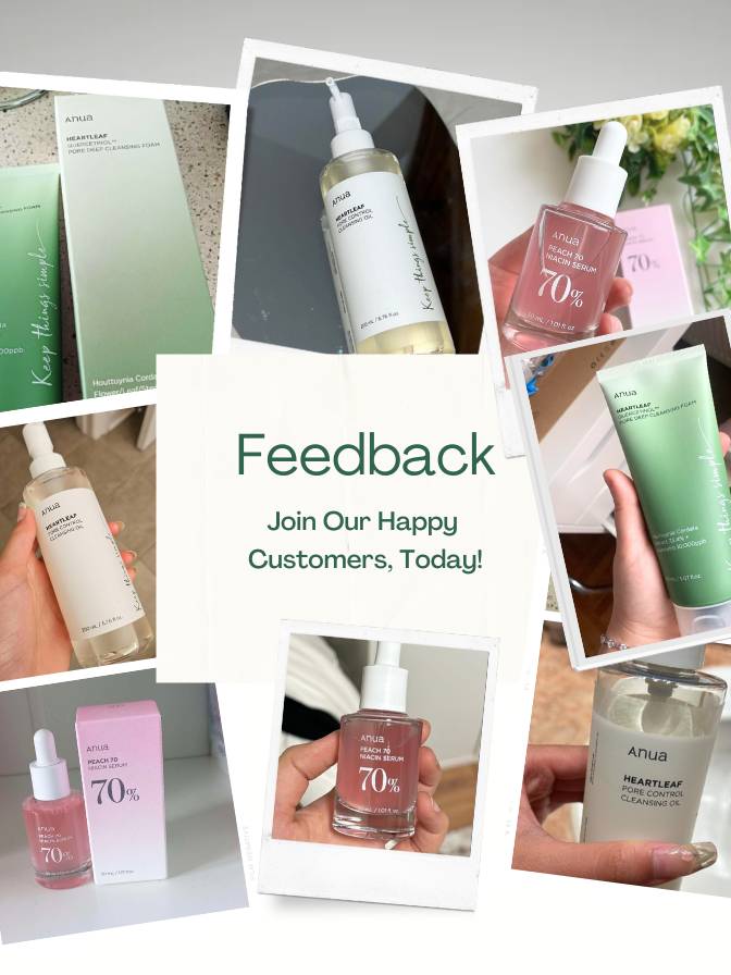 Cleansing Oil, Foam & Niacinamide Serum Set of skincare products with a call to action for feedback.