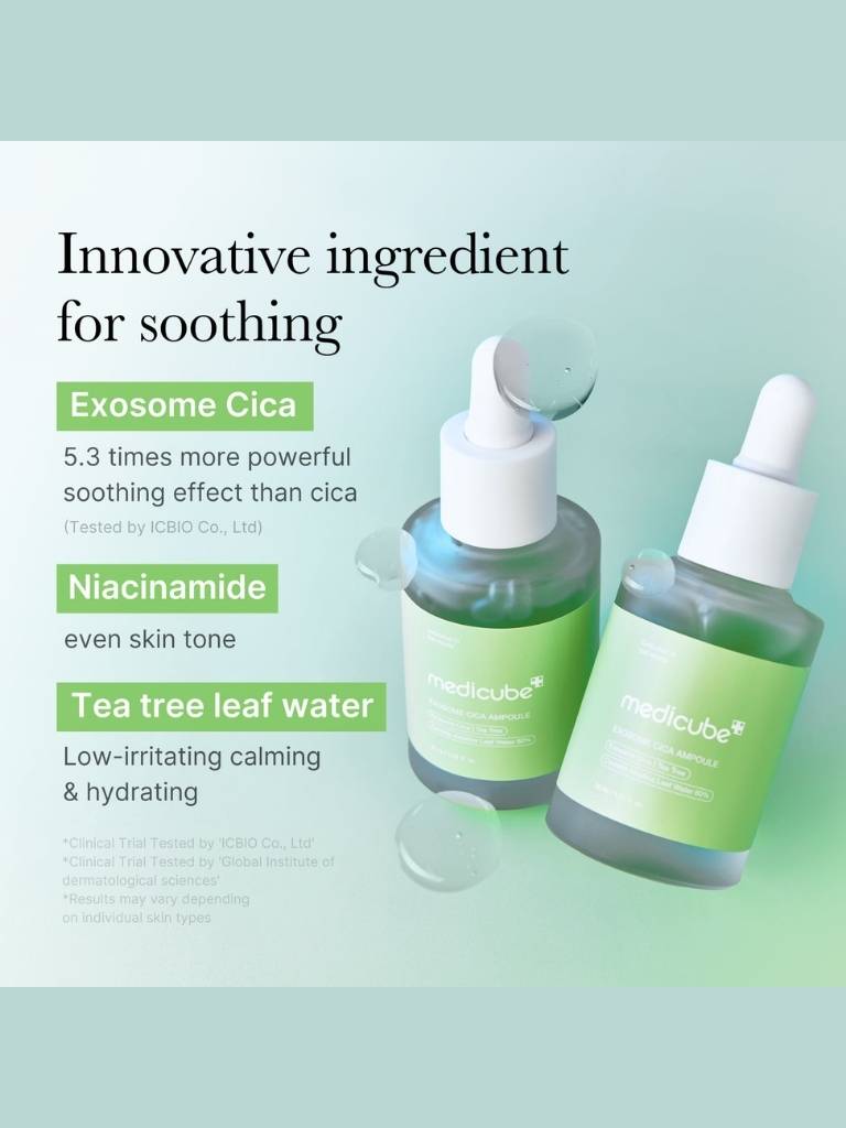 Two skincare serum bottles with text highlighting ingredients on a light green background