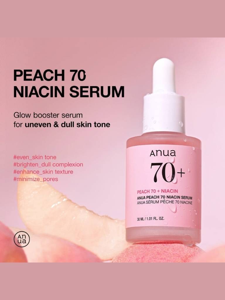 Anua Peach 70+ Niacin Serum bottle on a pink background with text about its benefits.