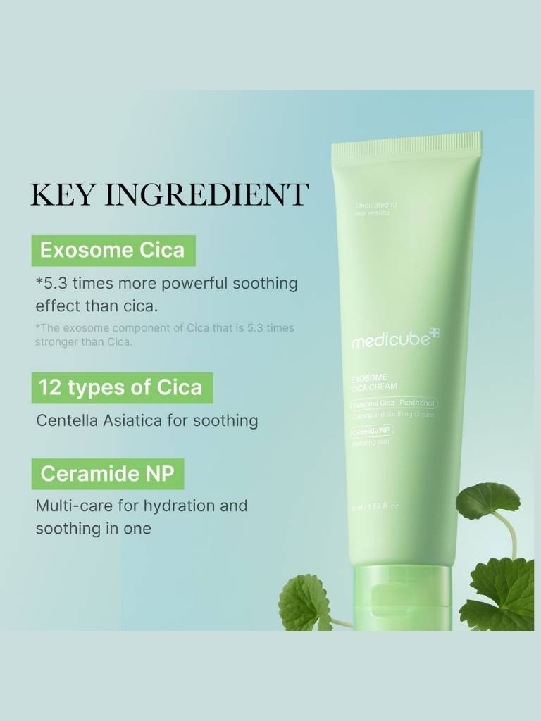 Green skincare product with Exosome Cica and Ceramide NP on a light blue background