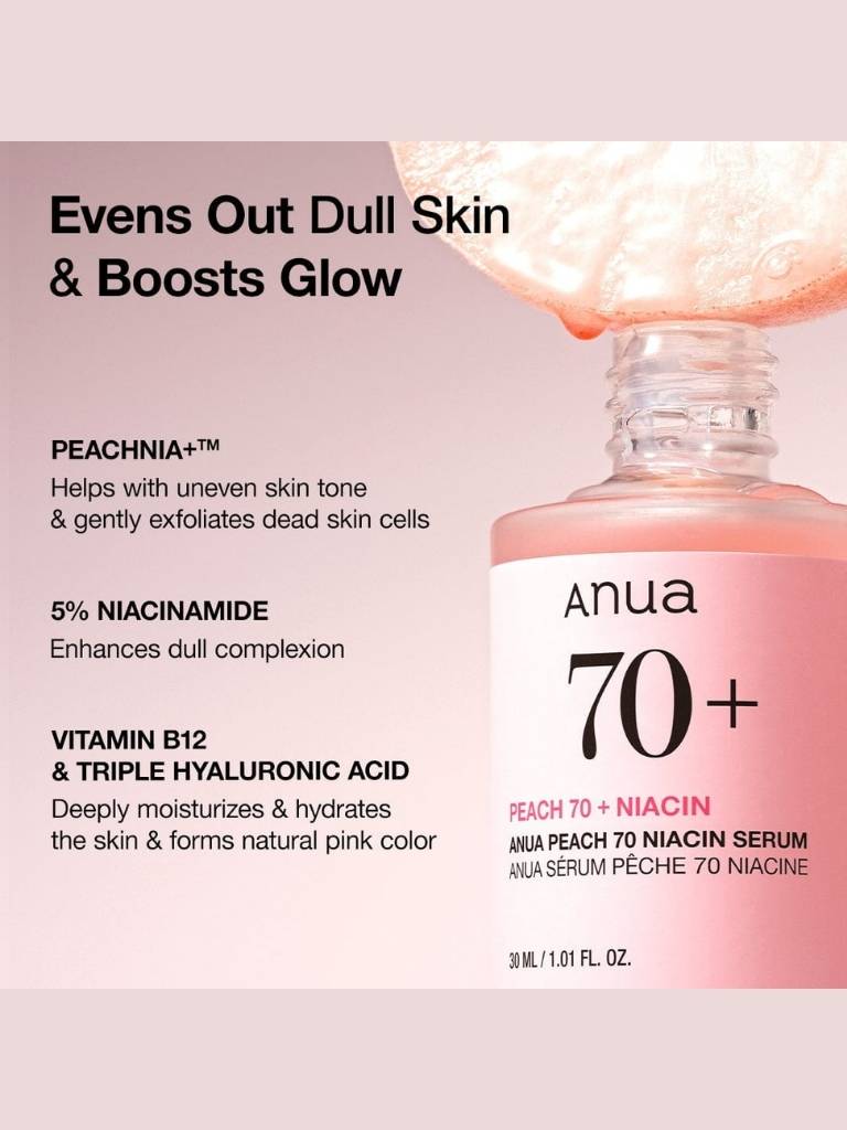 Anua 70+ Peach Niacin Serum bottle with product details on a light pink background