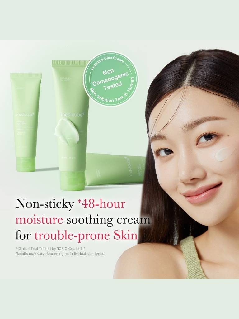 Woman with a product for trouble-prone skin on a light green background