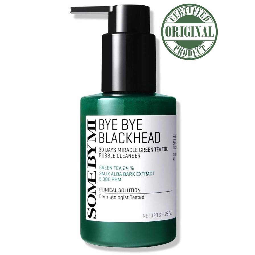 Green bottle of 'Bye Bye Blackhead' cleanser with pump on a white background