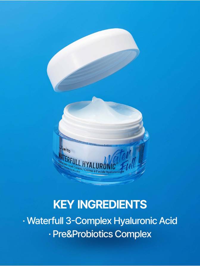 Open jar of Waterfull Hyaluronic cream with key ingredients listed on a blue background