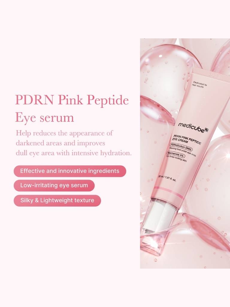 Pink Peptide Eye serum with product details on a white background