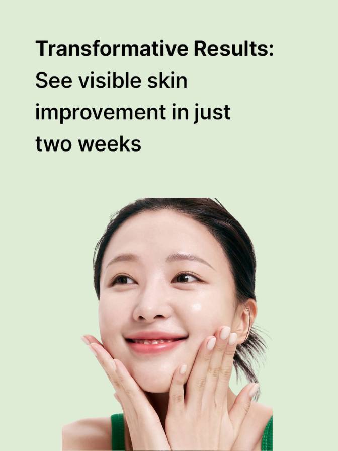 Woman with hands on face against a light green background with text about skin improvement.