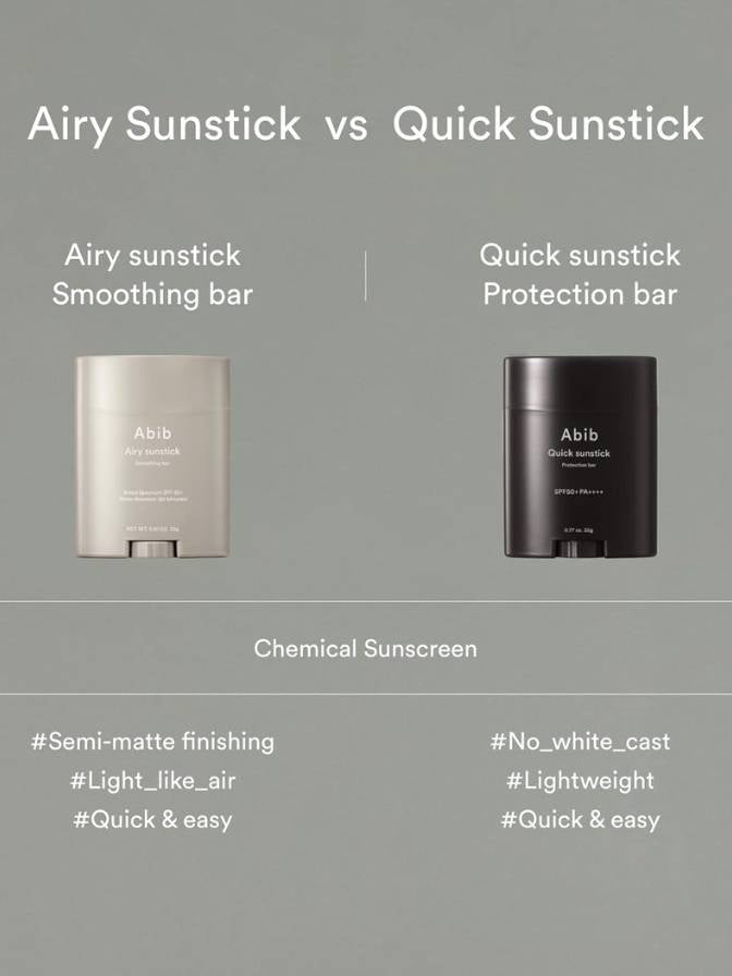 Comparison of Airy Sunstick and Quick Sunstick with product images and features listed.