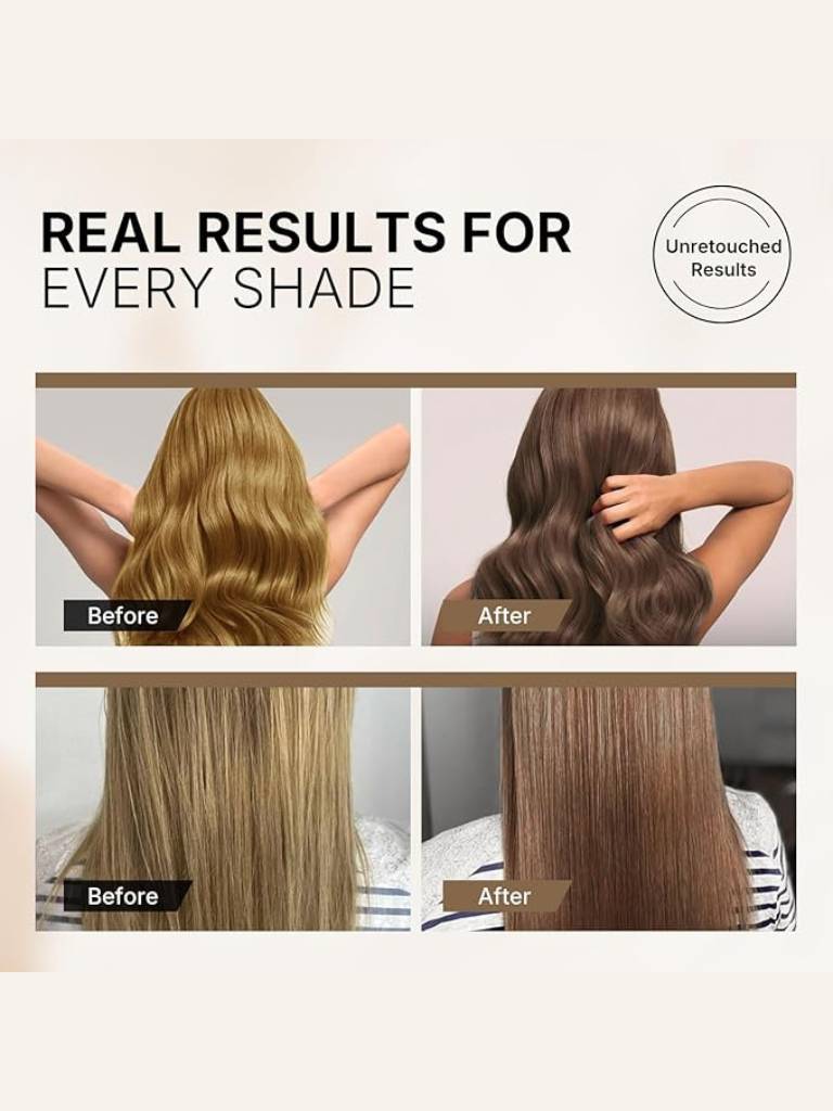 Before and after hair color transformation images with text 'Real Results for Every Shade'.