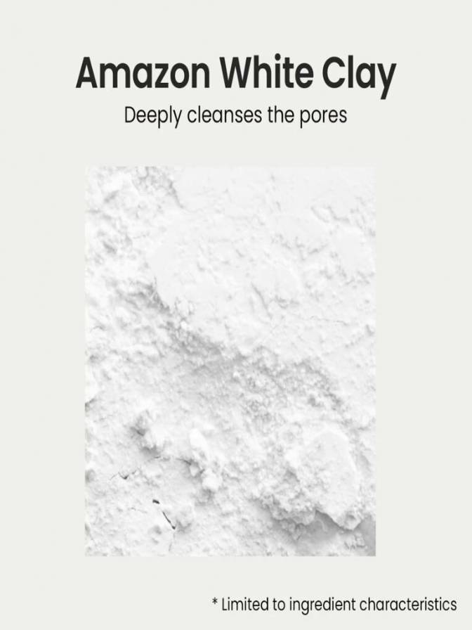 Amazon White Clay with text indicating its pore-cleansing properties on a light gray background