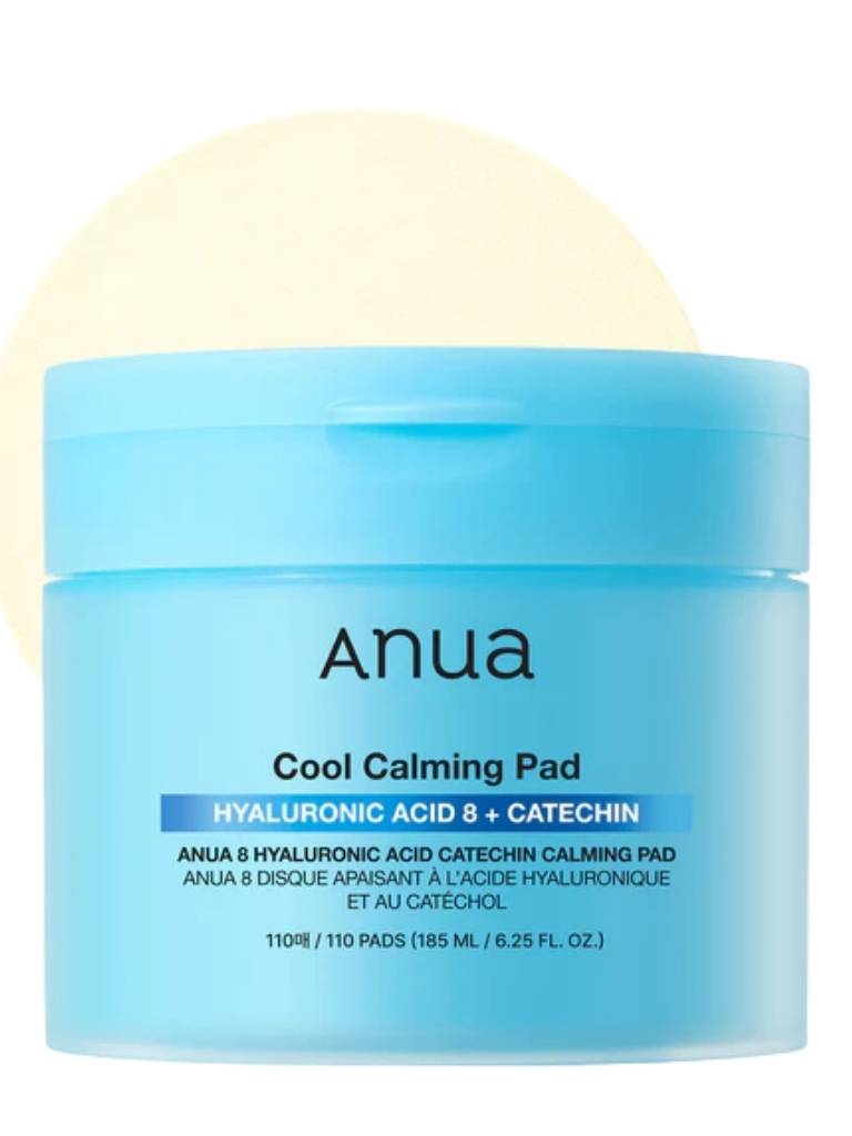 Anua Cool Calming Pad with blue container and beige pad on a white background