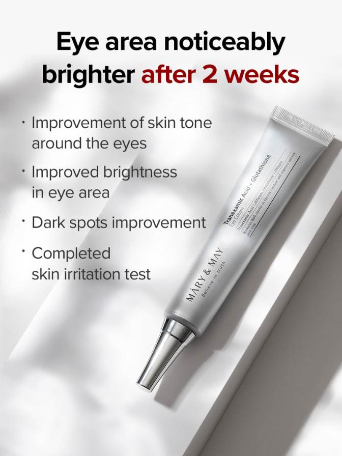 Skincare tube with text highlighting results after 2 weeks of use on eye area.