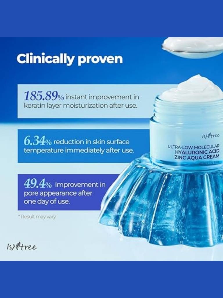Cosmetic cream container with clinical improvement claims on a blue background
