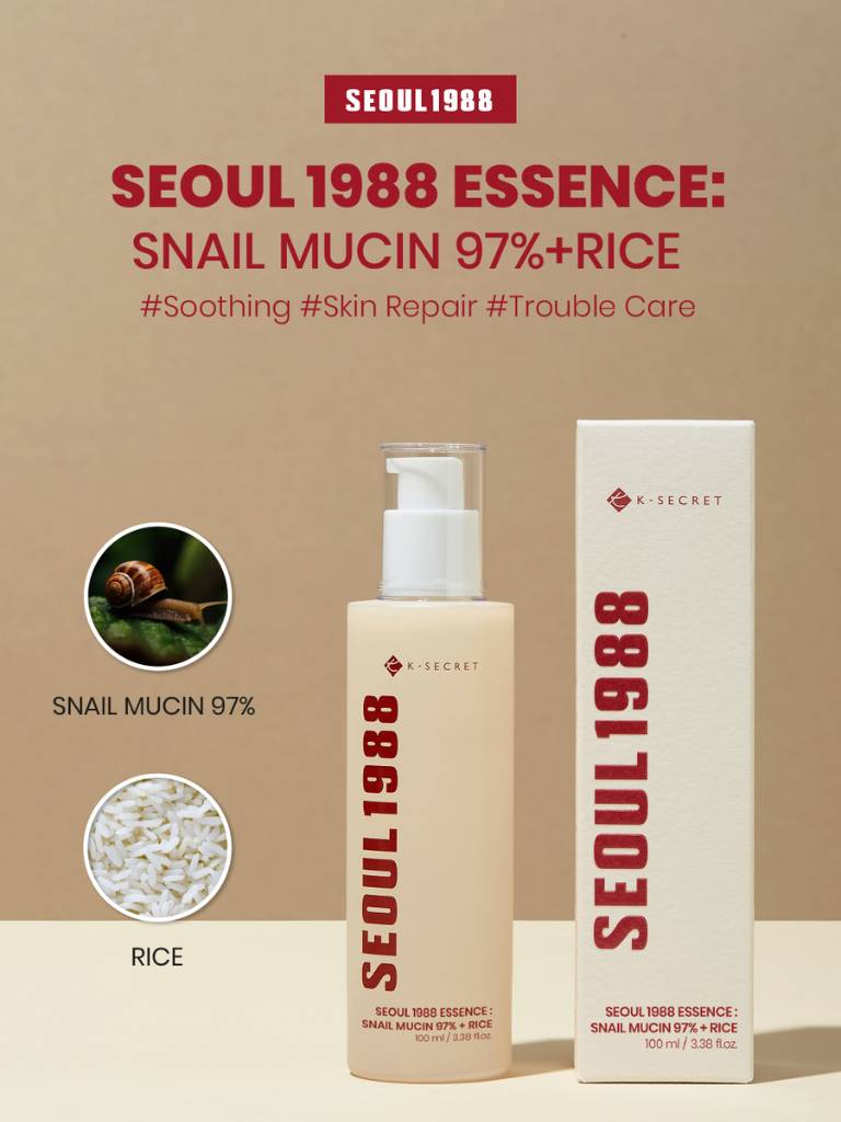 SEOUL 1988 Essence bottle and packaging on a beige background