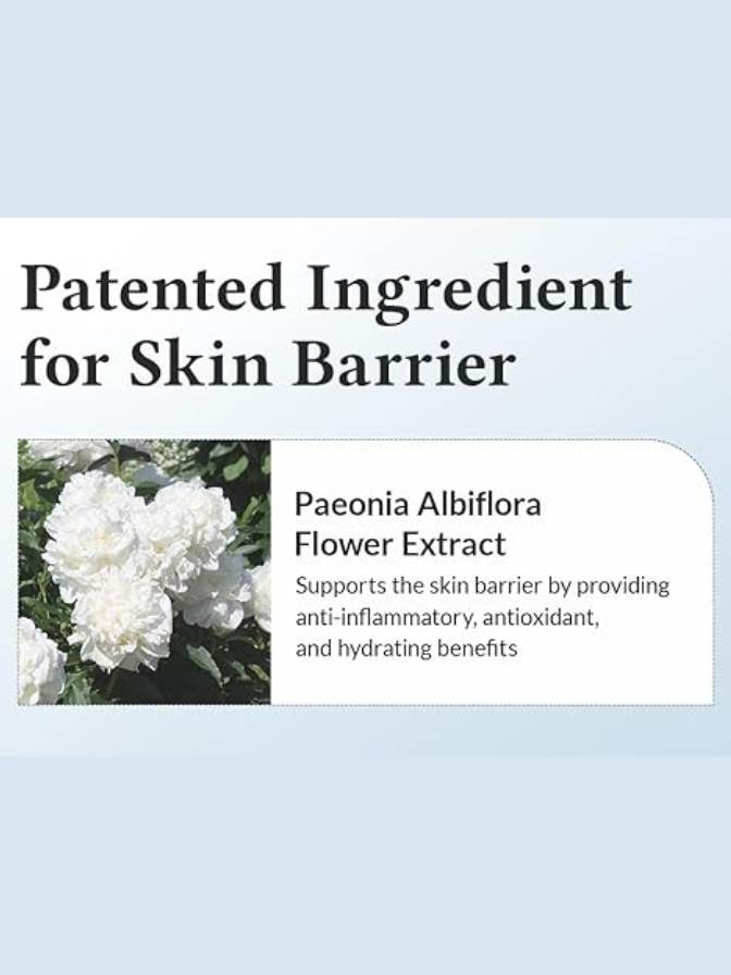 Advertisement for Paeonia Albiflora Flower Extract with text about a patented ingredient for skin barrier support.